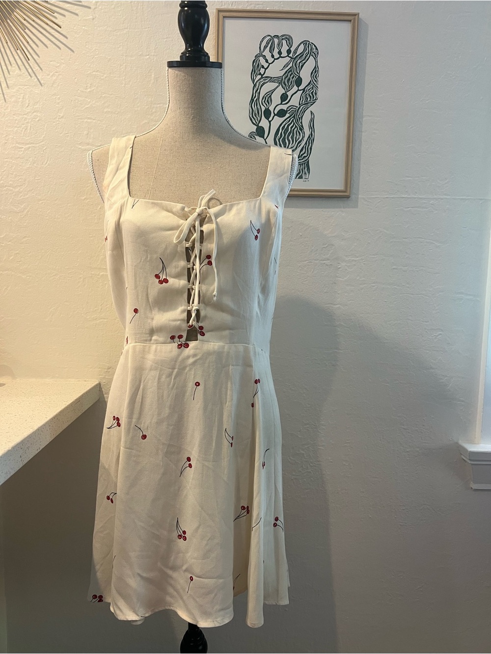 Reformation White Cherry-Print Lace-Up Mini Dress